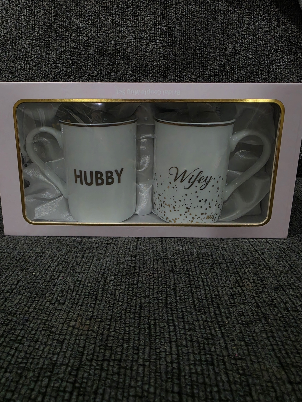 Hubby & Wifey Gold-Trim White Ceramic Mug Set